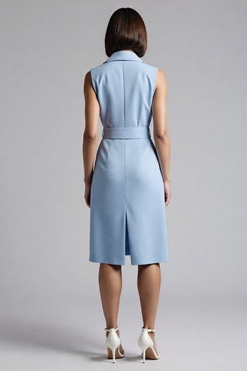 Sky Blue Bodycon Notched Lapel Midi Work Dress with Belt